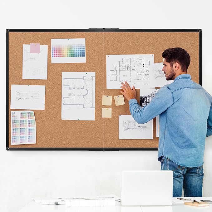 Extra Large Cork Bulletin Board 72" X 48", Foldable Notice Pin Board for Wall, Black Aluminium Framed 6'x4' Corkboard, Wall Mounted Noticeboard with 32 Push Pins for School, Home & Office
