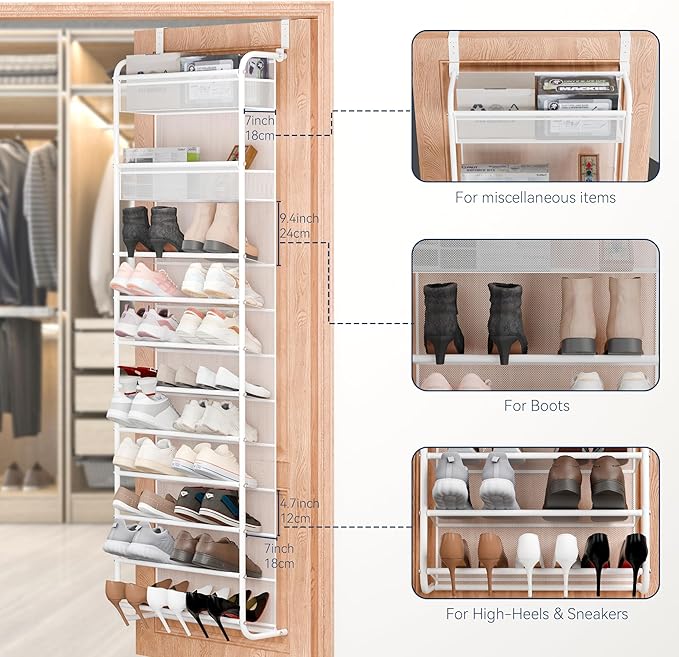 Whitmor 27 Pair Over The Door Shoe Organizer, 11 Tier Hanging Shoe Organizer, Heavy Duty Metal & Mesh Shoe Holder, Hanging Shoe Rack for Closet Organizer & Storage,74.8"L x 21.7"W x 7.5"H, White