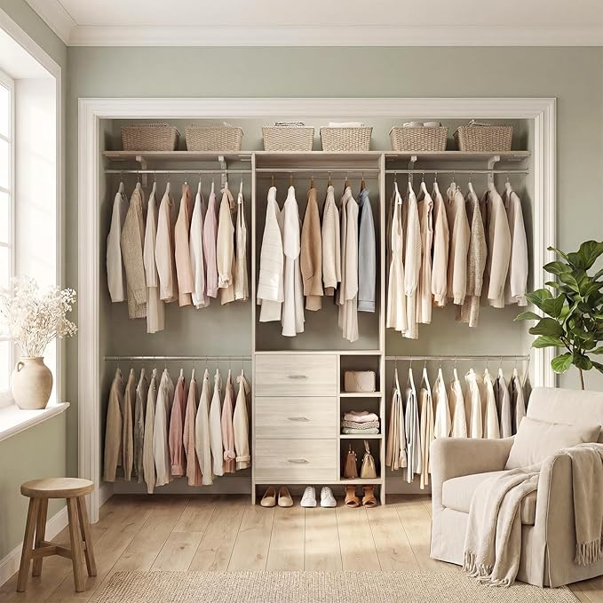 Aheaplus Closet System - 8FT Organizer with 3 Wooden Drawers, Fits 5.3-9 ft Walk-in Closet, White Oak
