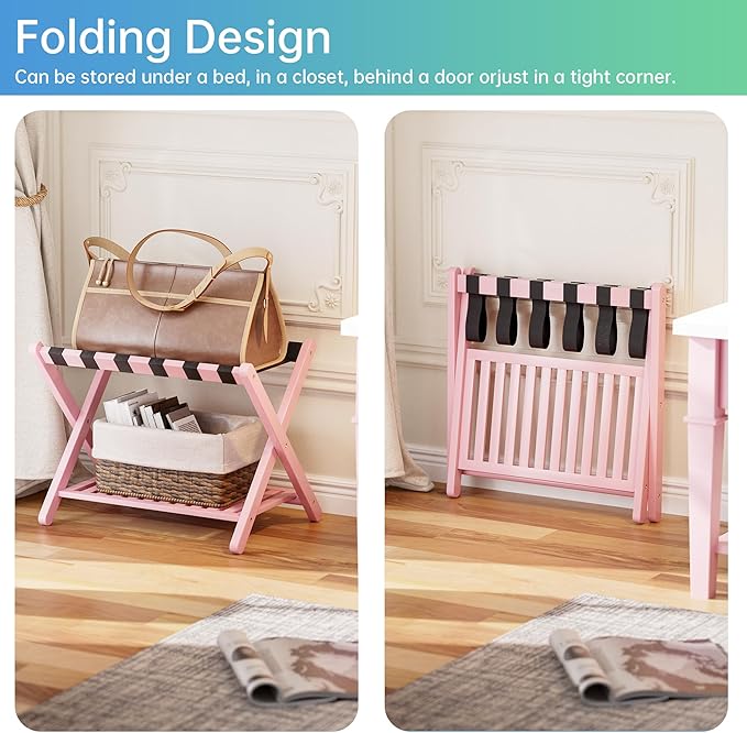 SMIBUY Luggage Rack, Set of 2, Foldable Bamboo Suitcase Stand with Storage Shelf for Guest Room, Bedroom, Hotel, Heavy-Duty (Pink)