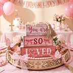 Yuntau 4 Pcs Pink Bow Decoration Christian Gifts for Women Wooden You Are So Love Farmhouse Tiered Tray Decor Inspirational Bible Verse Quotes Block Sign Table Centerpiece for Desk Shelf Room