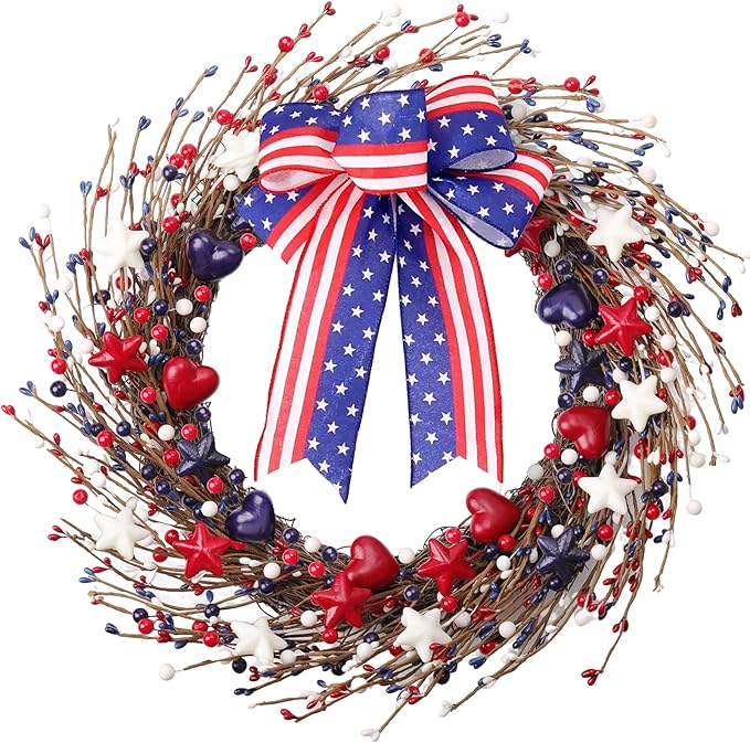 zjlmit 22 Inch 4th of July Wreath with Grapevine Base - Red White and Blue Berry Patriotic Wreath with Hanging Loop for Front Door, Independence Day & Memorial Day Decor
