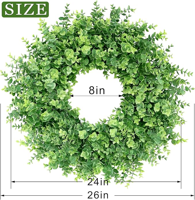 26" Eucalyptus Wreath for Front Door, Porch, Window - Large Artificial Eucalyptus Leaves Greenery Outdoor Wreath for Home, Farmhouse Decor - Spring, Summer, Fall, All Seasons (Green)