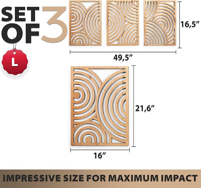 qmmp Modern Wooden Wall Sculptures - Set of 3 - Home Decor Accent - Large Wall Art for Living Room, Bedroom, Office - Easy Installation (Oak, Large - Orbit)