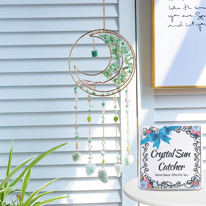 Tree of Life Dream Catcher Green Fluorite Dream Catcher Crystals for Windows Wall Decor with Healing Crystal Stone & Fluorite Crystal Dream Catchers for Adults for Bedroom Home Decor