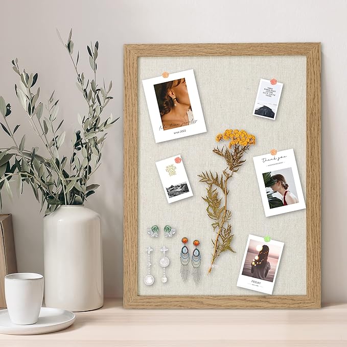 AKTOP Cork Board Bulletin Board with Linen 16.7" X 11", Small Framed Corkboard for Wall, Hanging Pin Board Picture Board for Home Office Decor, Cute Vision Board with 8 Pushpins (Carbonized Black)