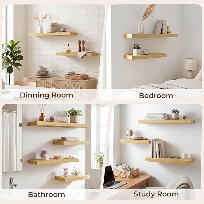 RICHFOCUS 20Inch Floating Shelves for Wall 2 Pack Shelves for Bedroom|Kitchen|Bathroom|Laundry Room Rustic Wood Wall Mounted Shelf with Invisible Brackets for Books|Storage|Decor, Oak