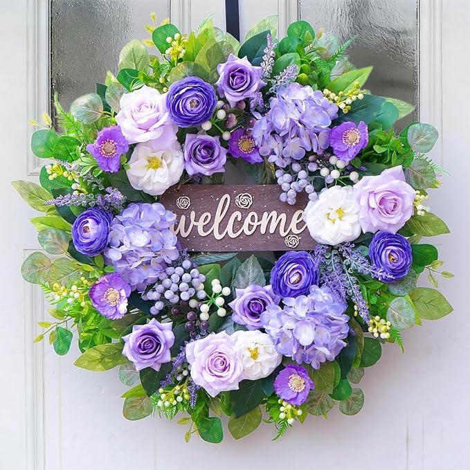 24 Inch Spring Summer Wreaths for Front Door, Luxury Hydrangea Door Wreaths for Front Door Outside All Season,Summer Door Wreath for Farmhouse French Country Home Wall Porch Decor
