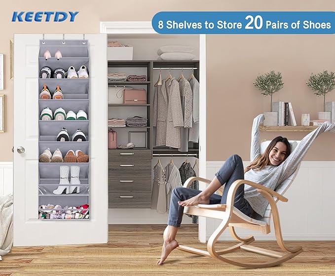 KEETDY Over The Door Shoe Organizer Fit 20 Pairs Sneakers Large Hanging Shoe Rack for Closet Door, Deep Shoe Storage Holder for Boots, Heels, Grey