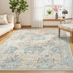 Lessymo 6x9 Area Rugs for Living Room, Washable Non Slip Rug for Kids Room, Bedroom, Nursery Room, Dining Room, Neutral Vintage Flower Decor & Stain Resistance, Beige Brown