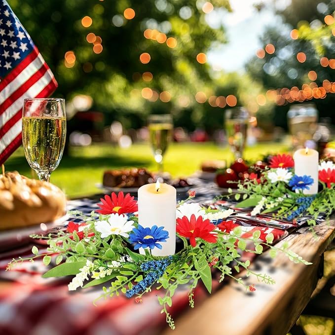 6 Pcs Mini Patriotic American Kitchen Cabinet Wreaths Small 4th of July Floral Swag Wreath for Front Door with Ribbon Daisy July Independence Day Hanging Wreath for Porch Wall Farmhouse Decor