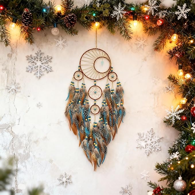 Urdeoms Large Dream Catchers for Girls Room Decor Boho Moon Dream Catcher Wall Decor Turquoise Hanging Ornament for Living Room Dorm Decor Hippie Gifts (NO.34)
