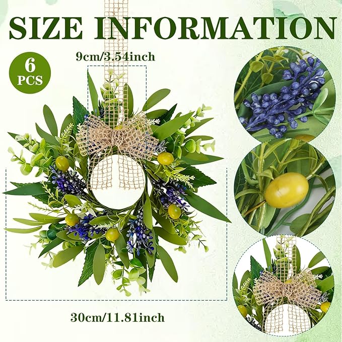 6 PCS Green Eucalyptus Olive Swag Wreaths for Pillars Spring Summer Greenery Kitchen Cabinet Wreaths Mini Green Boxwood Leaves Wreath with Ribbon for Front Door Porch Wall Window Farmhouse Decoration