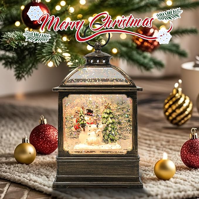 Christmas Snow Globe Lantern with Snowman 8 Music Songs & 6H Timer Water Snow Globe Lantern USB & Battery Operated for Christmas Festival Decorations Gifts (Snowman)