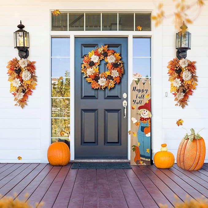 Glitzhome 2 Pcs Fall Teardrop Swags for Front Door, 28''H Autumn Swag with Lotus, Lotus Pod and Berry, Fall Swags for Front Door, Thanksgiving Harvest Festivals Decor