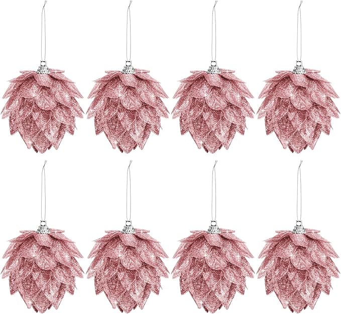 Jetec 8 Pieces Christmas Ornaments Glitter Christmas Tree Hanging Decoration Decorative Artificial Pine Cones Flowers Hanging Ornaments for Winter Wreath Holiday Decor(Rose Gold)