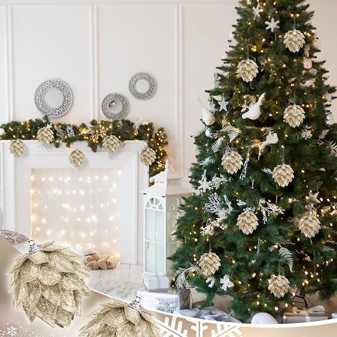Jetec 8 Pieces Christmas Ornaments Glitter Christmas Tree Hanging Decoration Decorative Artificial Pine Cones Flowers Hanging Ornaments for Winter Wreath Holiday Decor(Champagne Gold)