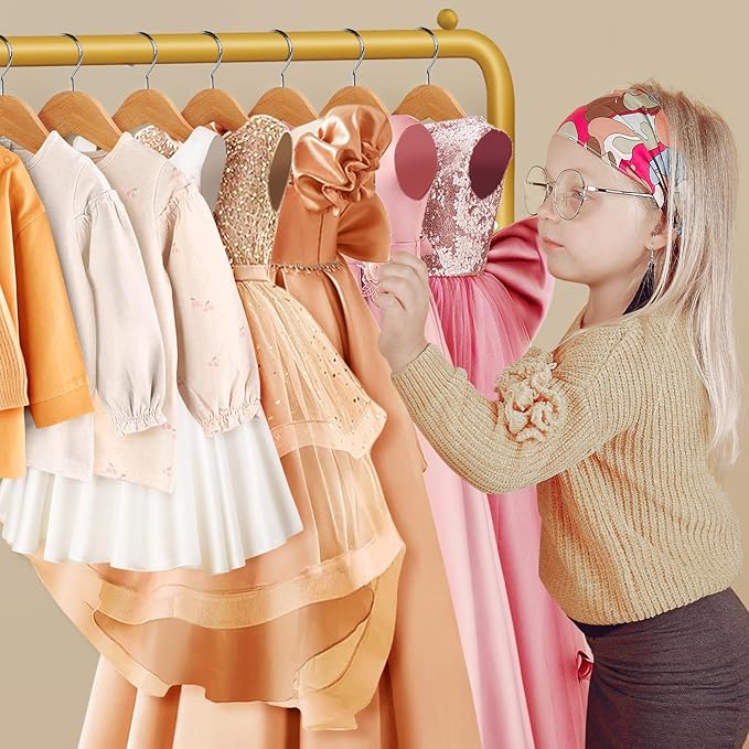 Kids Gold Clothing Rack - Dress Up Clothes Rack - Baby Toddler Closet - Freestanding Coat Racks with 2 Fabric Shelves - Small Kids Costume Wardrobe - Garment Rack for Hanging Clothes Organizer