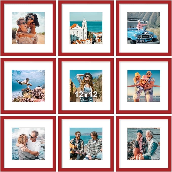 Vittanly 12x12 Picture Frames Set of 9, Shatter Resistant Plexiglass, Display 8x8 Pictures with Mat or 12x12 without Mat, Photo Frames for Wall Mount, Engineered Wood, Red