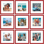 Vittanly 12x12 Picture Frames Set of 9, Shatter Resistant Plexiglass, Display 8x8 Pictures with Mat or 12x12 without Mat, Photo Frames for Wall Mount, Engineered Wood, Red