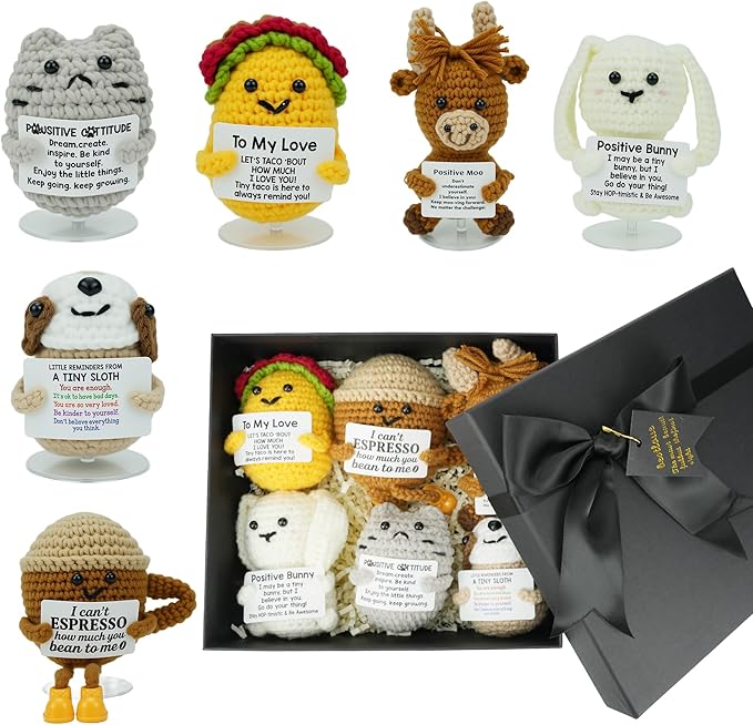 6 Pack Cute Handmade Crochet Dolls Set with Positive Cards & Black Gift Box - Cat Rabbit Sloth Calf Coffee Cup & Taco, Emotional Support Gifts for Friends Women Men Funny Desk Decor for Holidays