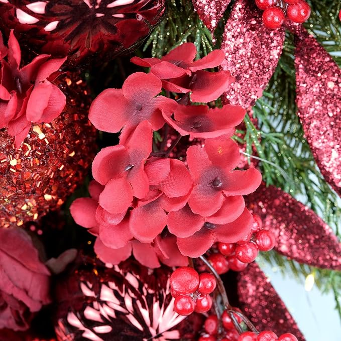 24" Decorative Teardrop Swag, Artificial Christmas Swag with Red Hydrangea & Baubles, Purple Bowknot, Red Berries, Sparkling Leaves, Pine Needles