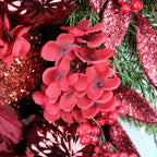 24" Decorative Teardrop Swag, Artificial Christmas Swag with Red Hydrangea & Baubles, Purple Bowknot, Red Berries, Sparkling Leaves, Pine Needles
