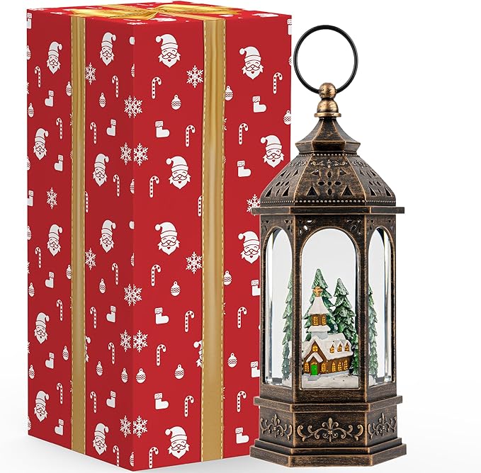 Christmas Snow Globe Lantern Lighted Holiday Village Church with Music& Timer, USB Lined/Battery Operated Lighted Lantern for Christmas Festival Decoration Gifts