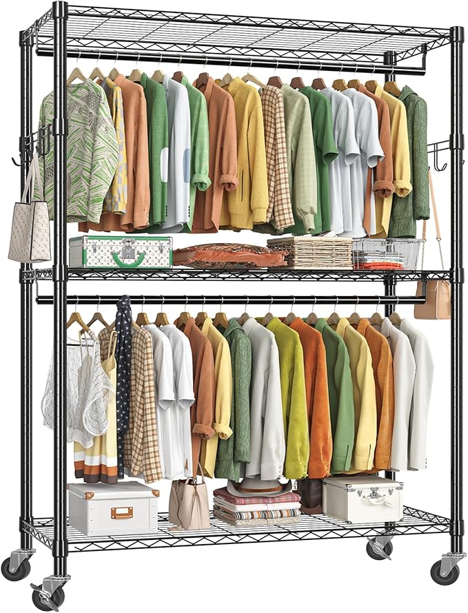 Simple Trending Heavy Duty Clothing Rack 3 Tiers Adjustable Wire Shelving Clothes Rack with Double Rods and Side Hooks, Freestanding Wardrobe Storage Rack Metal Garment Rack, Black