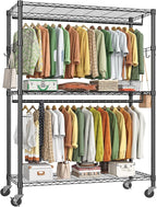Simple Trending Heavy Duty Clothing Rack 3 Tiers Adjustable Wire Shelving Clothes Rack with Double Rods and Side Hooks, Freestanding Wardrobe Storage Rack Metal Garment Rack, Black
