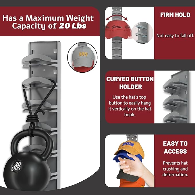 Hat Organizer Hold up to 20 Hats, 2 Pack Hat Rack for Wall with Strong Adhesive, Hat Organizer for Baseball Caps Display for Door Closet, Hat Hanger Holder Multilayer Two Mounting Option(Black)