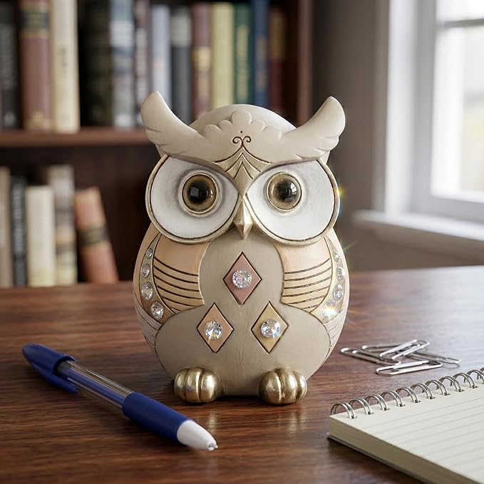 Owl Statue Home Decor, Vintage Resin Figurine with Crystals for Shelf, Boho Decorations for Living Room Office Desk, Unique Gifts for Women Bird Lovers