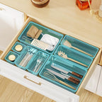 WOWBOX 8 PCS Plastic Drawer Organizer Set, 4 Sizes Desk Drawer Organization and Storage Containers for Makeup, Cosmetics, Jewelry and Gadgets in Kitchen, Bathroom, Bedroom, Office, Clear Sea Blue