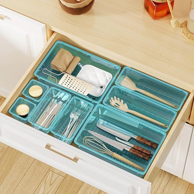 WOWBOX 8 PCS Plastic Drawer Organizer Set, 4 Sizes Desk Drawer Organization and Storage Containers for Makeup, Cosmetics, Jewelry and Gadgets in Kitchen, Bathroom, Bedroom, Office, Clear Sea Blue