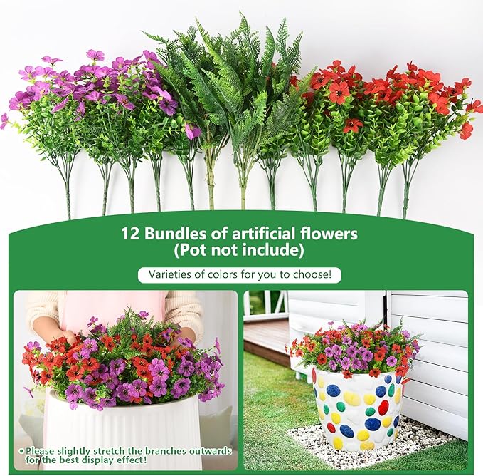 Homsunny Artificial Fake Flowers Plants for Outdoors, 12 Bundles Multicolor Fake Silk Daisy Flowers with Ferns Spring Summer Decor, UV Resisitant Faux Mums for Outside Planter Pot Front Porch Yard