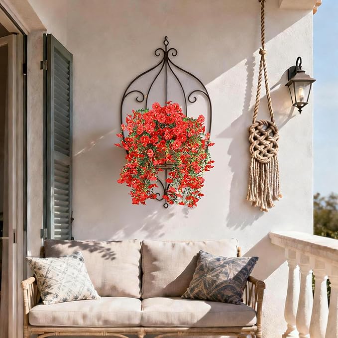 Artificial Hanging Flowers for Outdoors, 2 PCS UV Resistant Faux Silk 150 Morning Glory Each Trailing Vines, Fake Plants for Spring Outdoor Garden Planter Porch Patio Decoration, Red