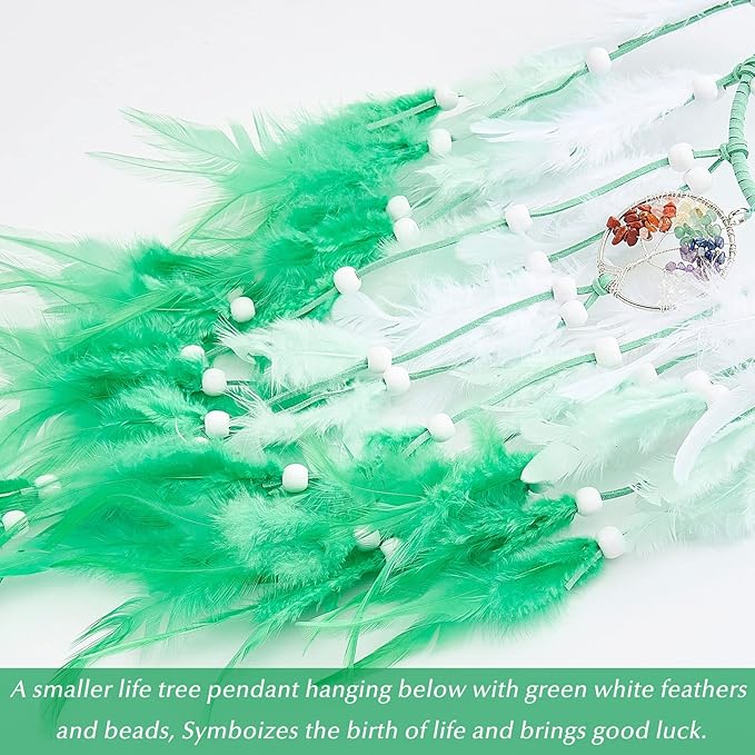 Dreamlike Butterfly Tree of Life Dream Catcher Wall Decor Green Dream Catcher with Crystal Stone Handmade Feather Dreamcatchers Home Decor Wall Hanging for Girls Bedroom Wedding Craft Gift-29.5"