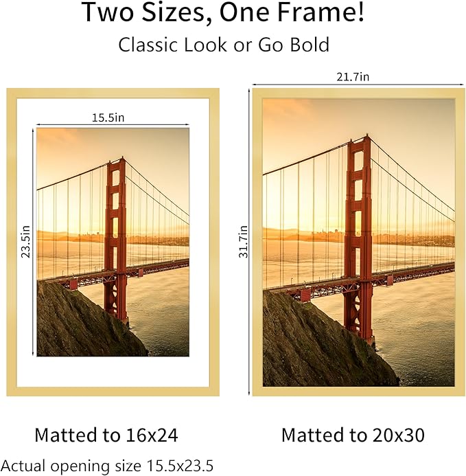 20x30 Picture Frame Gold Set of 3, Display Pictures 16x24 with Mat or 20 x 30 Without Mat, Poster Frames 20x30 for Wall Hanging Horizontal and Vertical