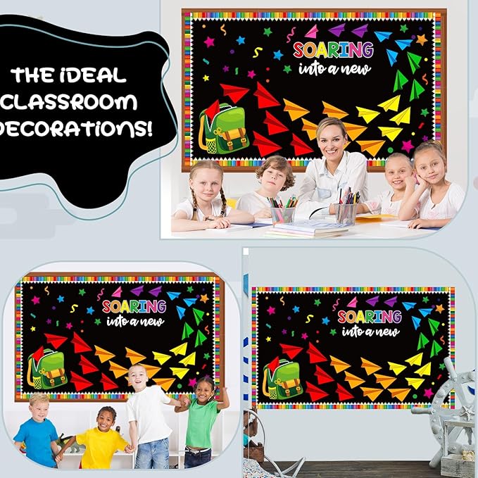 Pajean Soaring Into a School Year Bulletin Board Set Colorful Paper Plane Classroom Decorations Backpack Plane Name Tag Cutout with Pencil Border for Door Wall Chalkboard Decor Back to School Supplies