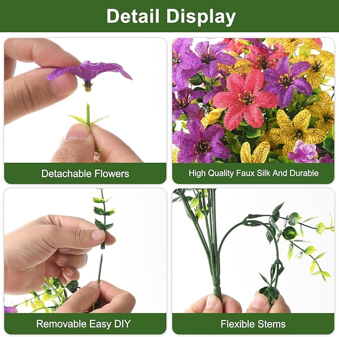 Artificial Flowers with Fake Fern Plants for Outdoors, 12 Bundles Realistic Faux Flower Silk Daisy with Eucalyptus Stem UV Resistant for Outside Patio Planter Porch Yard Window Spring Decoration