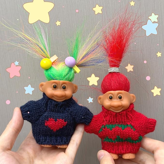 Retro Vintage Lucky Troll Dolls Assorted Hair Colors Chromatic Adorable for Collections, School Project, Arts and Crafts, Party Favors (Black)