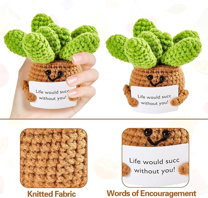 DAFURIET Mini Funny Crochet Succulent, 3 inch Knitted Wool Doll with Card for Cheer Up Gifts and Party Decorations, Cute Wool Crochet Doll for Mother’s Day Easter Birthday Gifts (Succulent Plant)