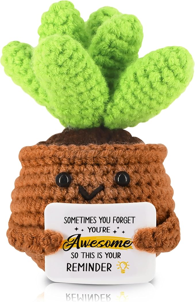 WenmthG Mini Positive Crochet Plant Doll - Funny Handmade Knitting Doll Birthday Emotional Inspirational Cheer Support Ideas Gifts for Women Girls Coworker Teacher Appreciation Gifts