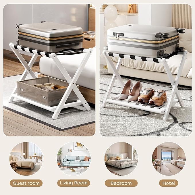 Luggage Rack for Guest Room - 1 Pack 26.77" L Full Assembled Luggage Rack Stand for Suitcases, Foldable Luggage Holder with Shoe Shelf for Bedroom, Hotel (White Bamboo Suitcase Stand)