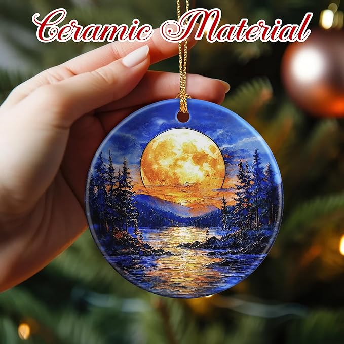 Christmas Ornaments, 2.8 Inch Ceramic Hanging Ornament, Christmas Tree Ornaments, Xmas Decorations, Holiday Decorations, Holiday Party Gifts, and Xmas Gift Ideas - Full Moon Over Forest Lake