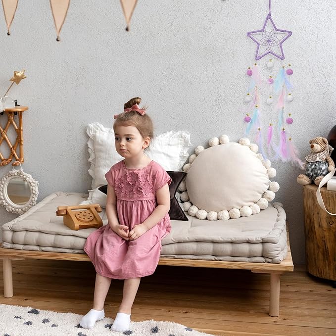 Dream Catcher Wall Hanging Set, 2 Pcs Purple Dream Catchers Wall Decor Feather Hanging Ornaments Moon Star Design Dreamcatcher for Girls Bedroom Room Decor Birthday