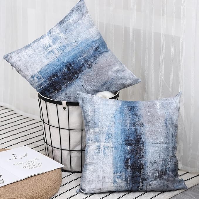 Blue and Grey Throw Pillow Cover Pack of 2, Abstract Art Gallery Modern Decorative Cushion Cover for Bedroom Sofa Living Room(22 x 22 Inch,Blue and Grey)