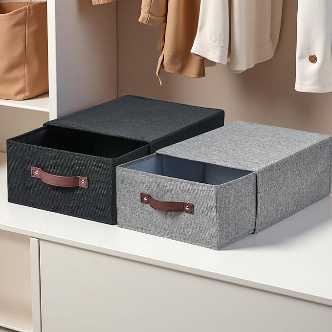 4PCS Closet Drawer Organizer Stackable Fabric Storage Boxes Bins Baskets with Lid PU Leather Handles Foldable Washable Cotton Linen Wardrobe Shelf Cloth Towels Container (Gray, Large)