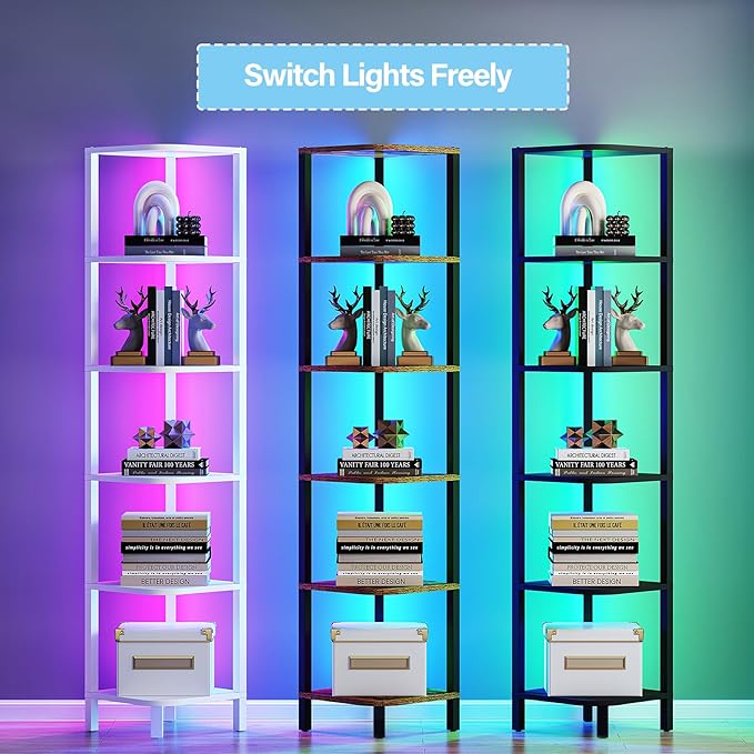 TUTOTAK Corner Shelf with LED Light, 6-Tier Corner Bookshelf for Small Space, Narrow Display Corner Shelf Stand with Storage Rack, for Living Room, Bedroom, Black BS08BK006L