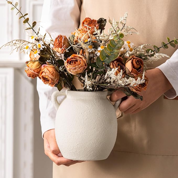 Ceramic Flower Small Vase 6 inch Farmhouse Rustic Vase Decorative Pottery Terracotta Vases for Home Decor Table Mantle Fireplace Living Room Bathroom Wedding Centerpiece